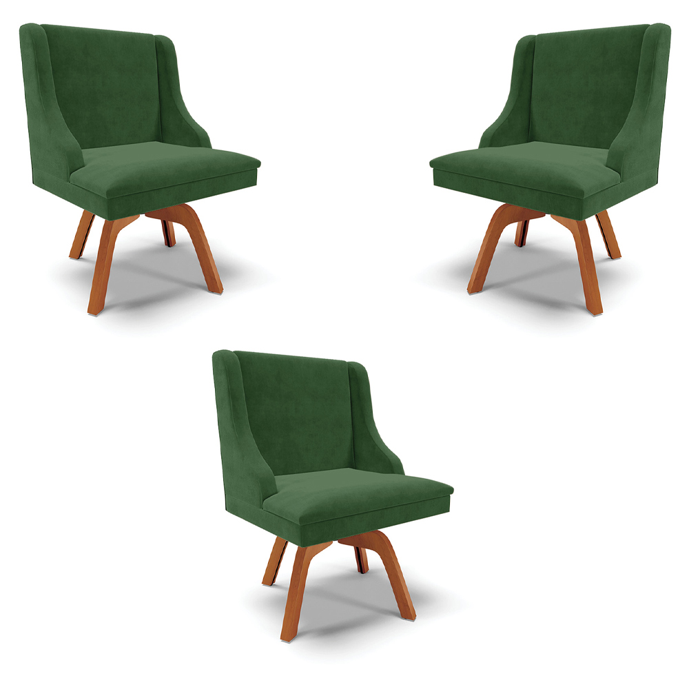 Kit 3 Cadeiras Decorativas Sala de Jantar Base Giratória de Madeira Firenze Suede Verde Esmeralda/Natural G19 - Gran Belo