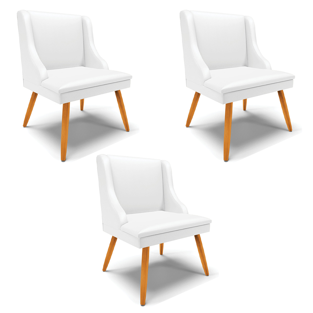 Kit 3 Cadeiras Decorativas Sala de Jantar Pés Palito de Madeira Firenze PU Branco Fosco/Natural G19 - Gran Belo