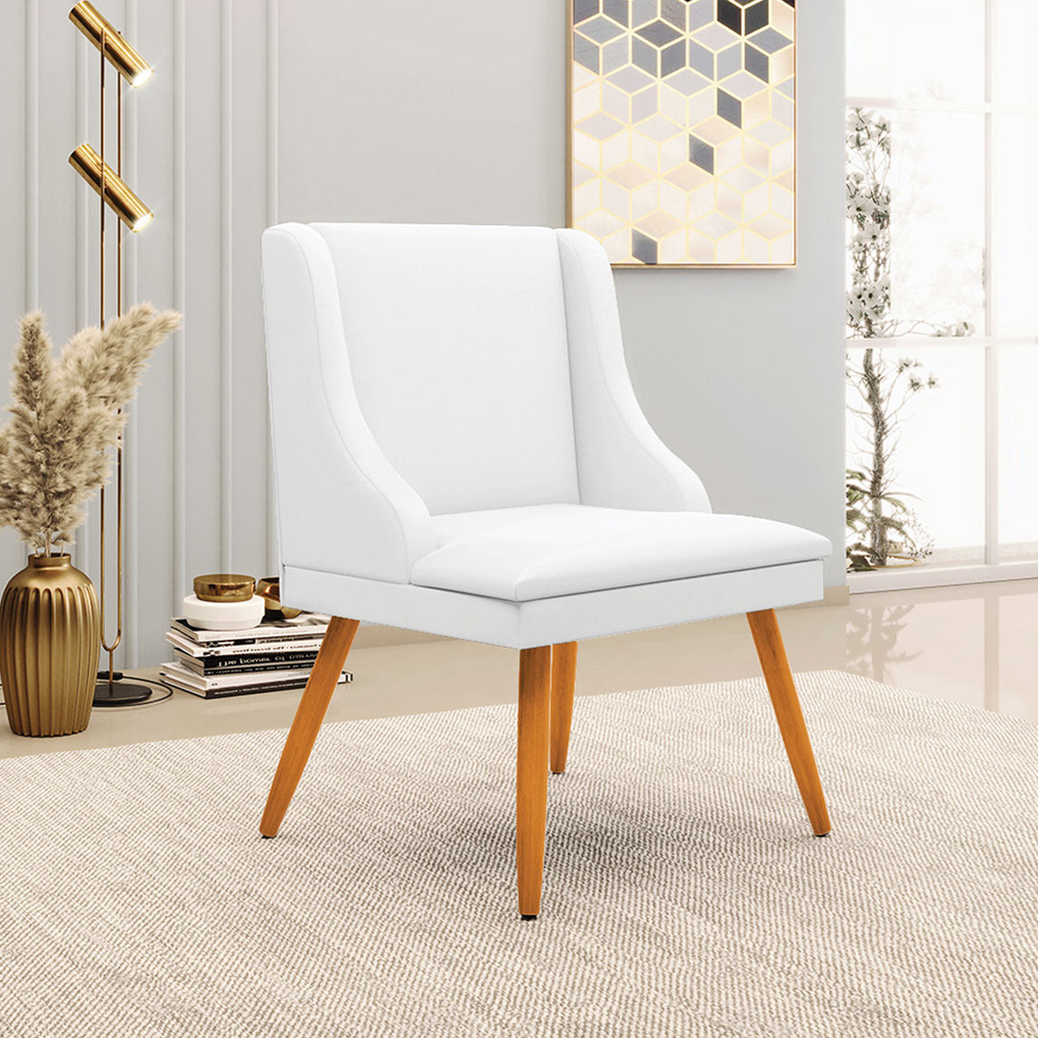 Kit 3 Cadeiras Decorativas Sala de Jantar Pés Palito de Madeira Firenze PU Branco Fosco/Natural G19 - Gran Belo