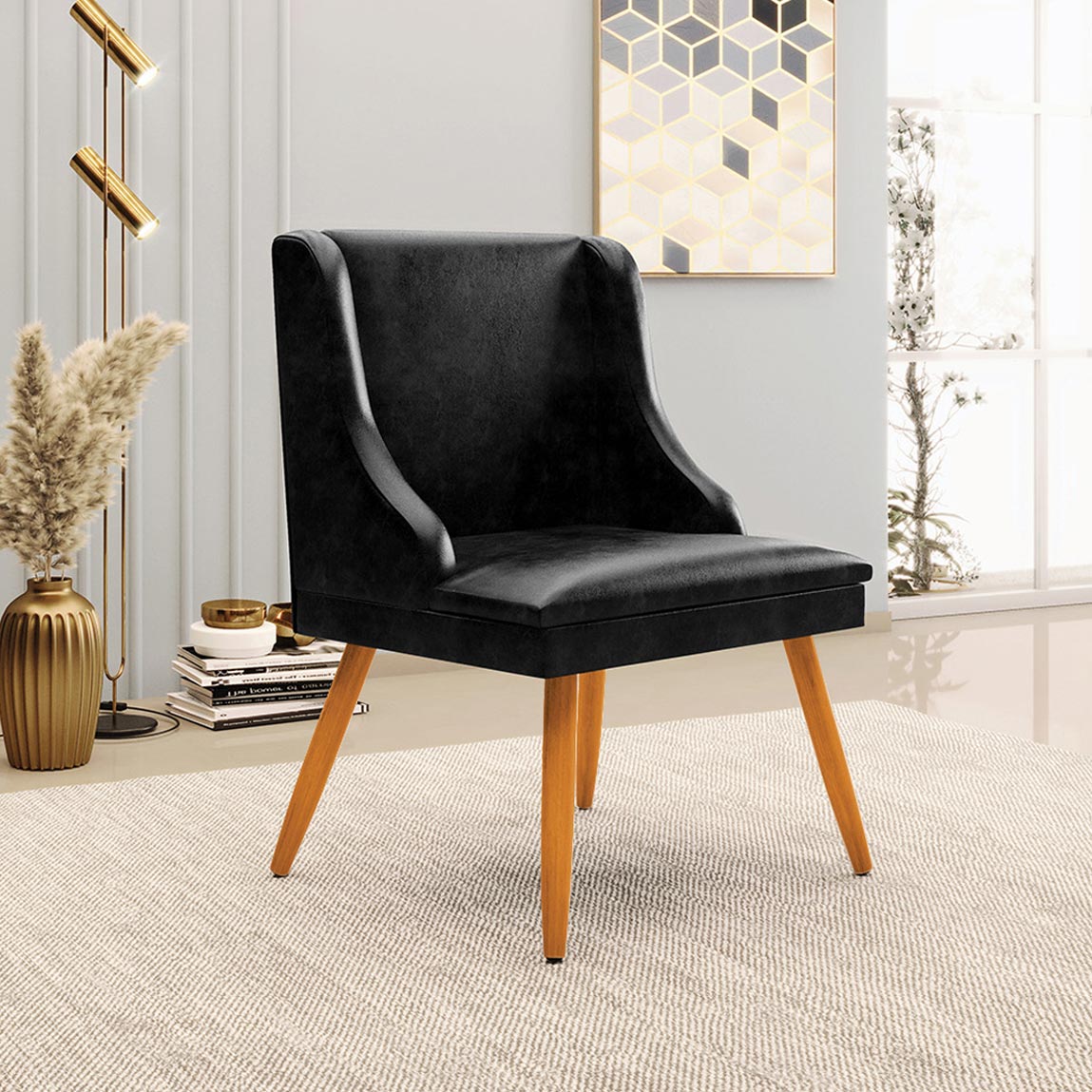 Kit 3 Cadeiras Decorativas Sala de Jantar Pés Palito de Madeira Firenze PU Preto Brilho/Natural G19 - Gran Belo
