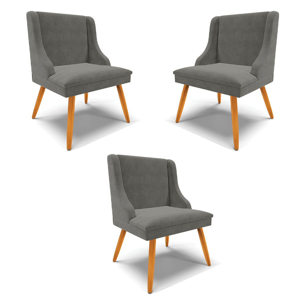 Kit 3 Cadeiras Decorativas Sala de Jantar Pés Palito de Madeira Firenze Suede Grafite/Natural G19 - Gran Belo