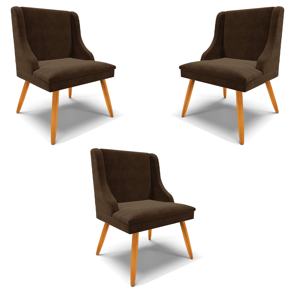Kit 3 Cadeiras Decorativas Sala de Jantar Pés Palito de Madeira Firenze Suede Marrom/Natural G19 - Gran Belo