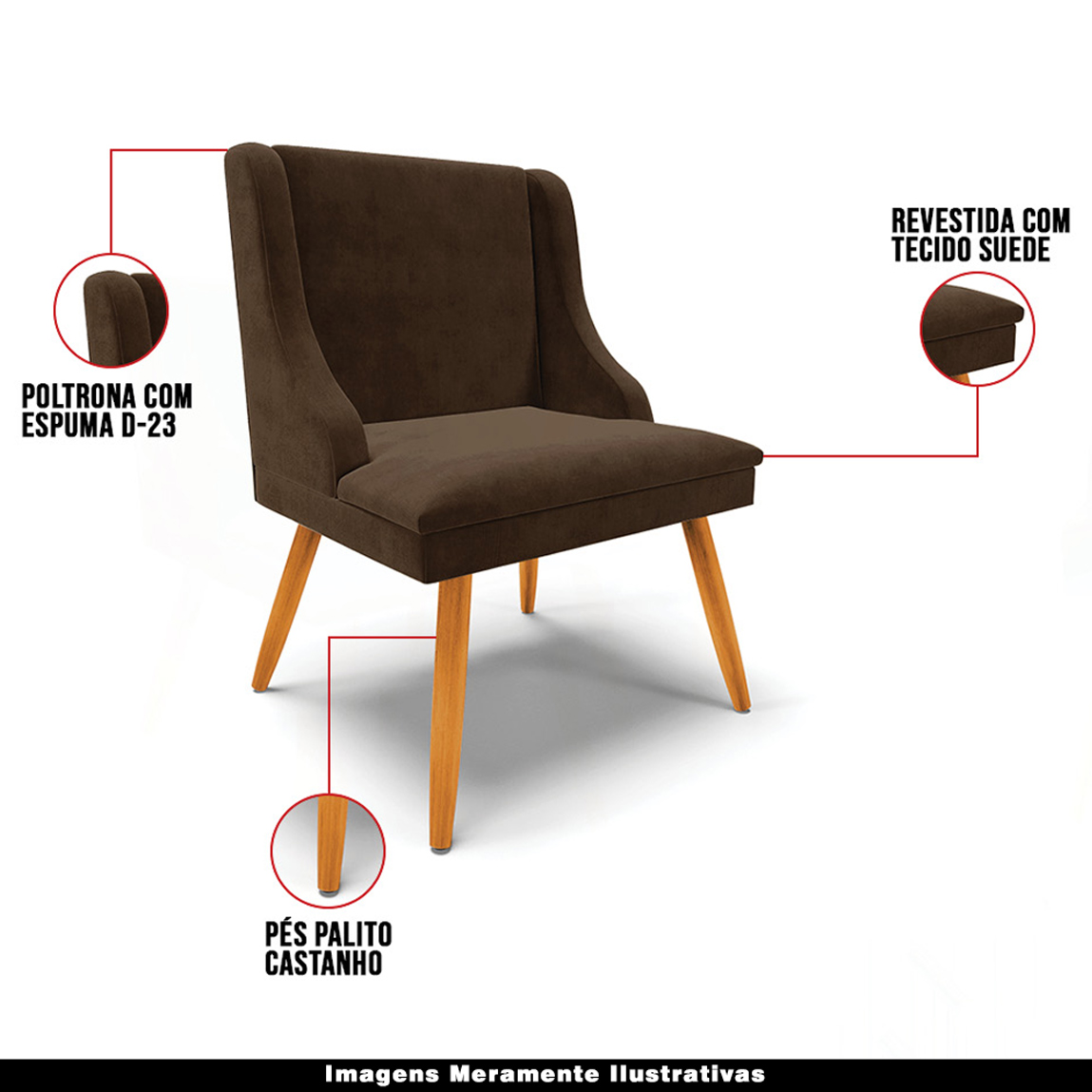 Kit 3 Cadeiras Decorativas Sala de Jantar Pés Palito de Madeira Firenze Suede Marrom/Natural G19 - Gran Belo