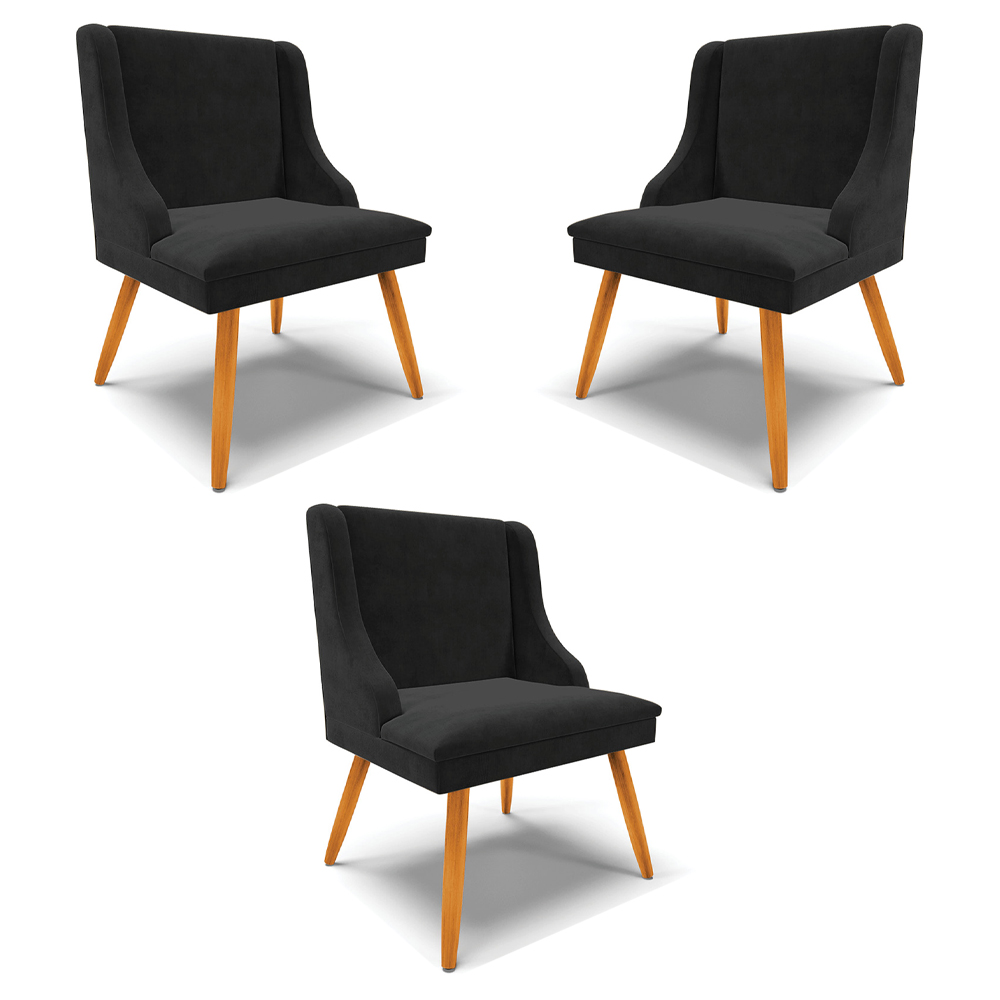 Kit 3 Cadeiras Decorativas Sala de Jantar Pés Palito de Madeira Firenze Suede Preto/Natural G19 - Gran Belo
