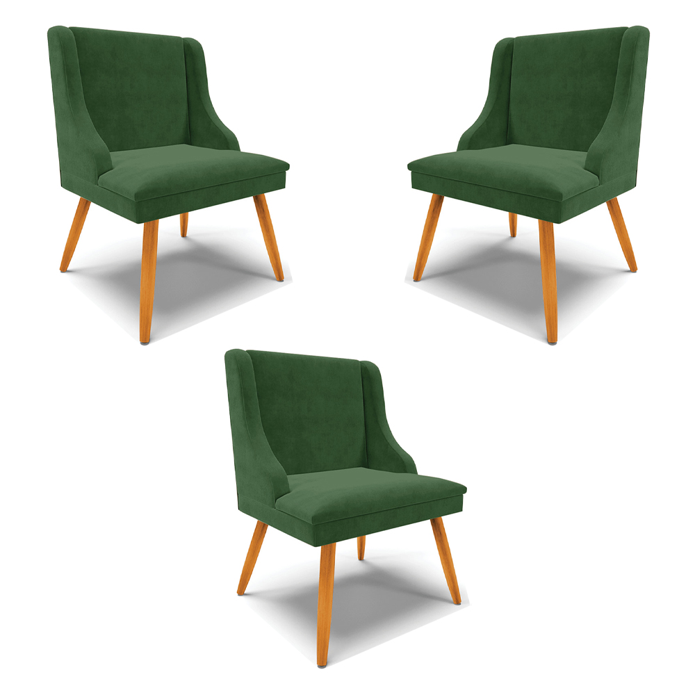Kit 3 Cadeiras Decorativas Sala de Jantar Pés Palito de Madeira Firenze Suede Verde Esmeralda/Natural G19 - Gran Belo