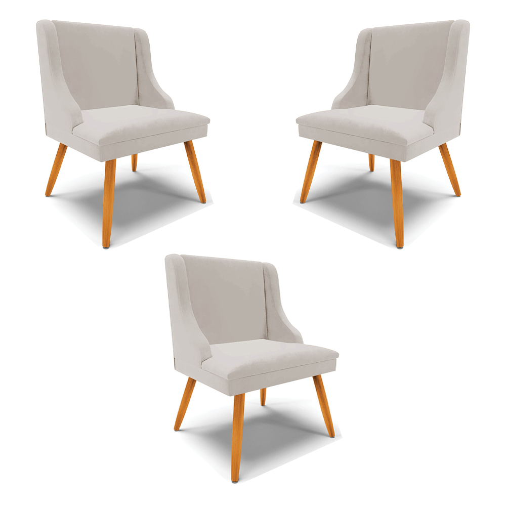 Kit 3 Cadeiras Decorativas Sala de Jantar Pés Palito de Madeira Firenze Veludo Cinza/Natural G19 - Gran Belo