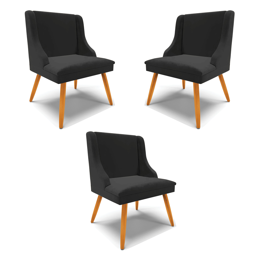 Kit 3 Cadeiras Decorativas Sala de Jantar Pés Palito de Madeira Firenze Veludo Preto/Natural G19 - Gran Belo