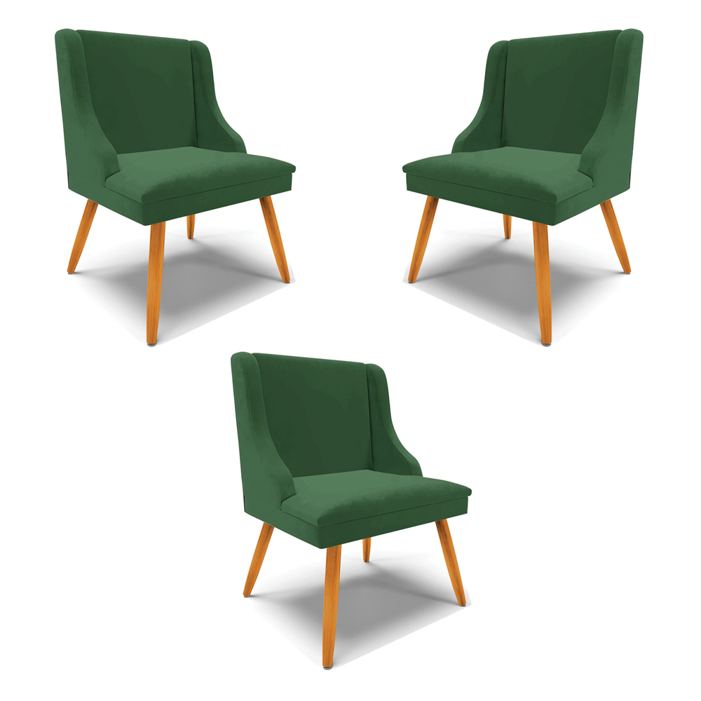 Kit 3 Cadeiras Decorativas Sala de Jantar Pés Palito de Madeira Firenze Veludo Verde/Natural G19 - Gran Belo