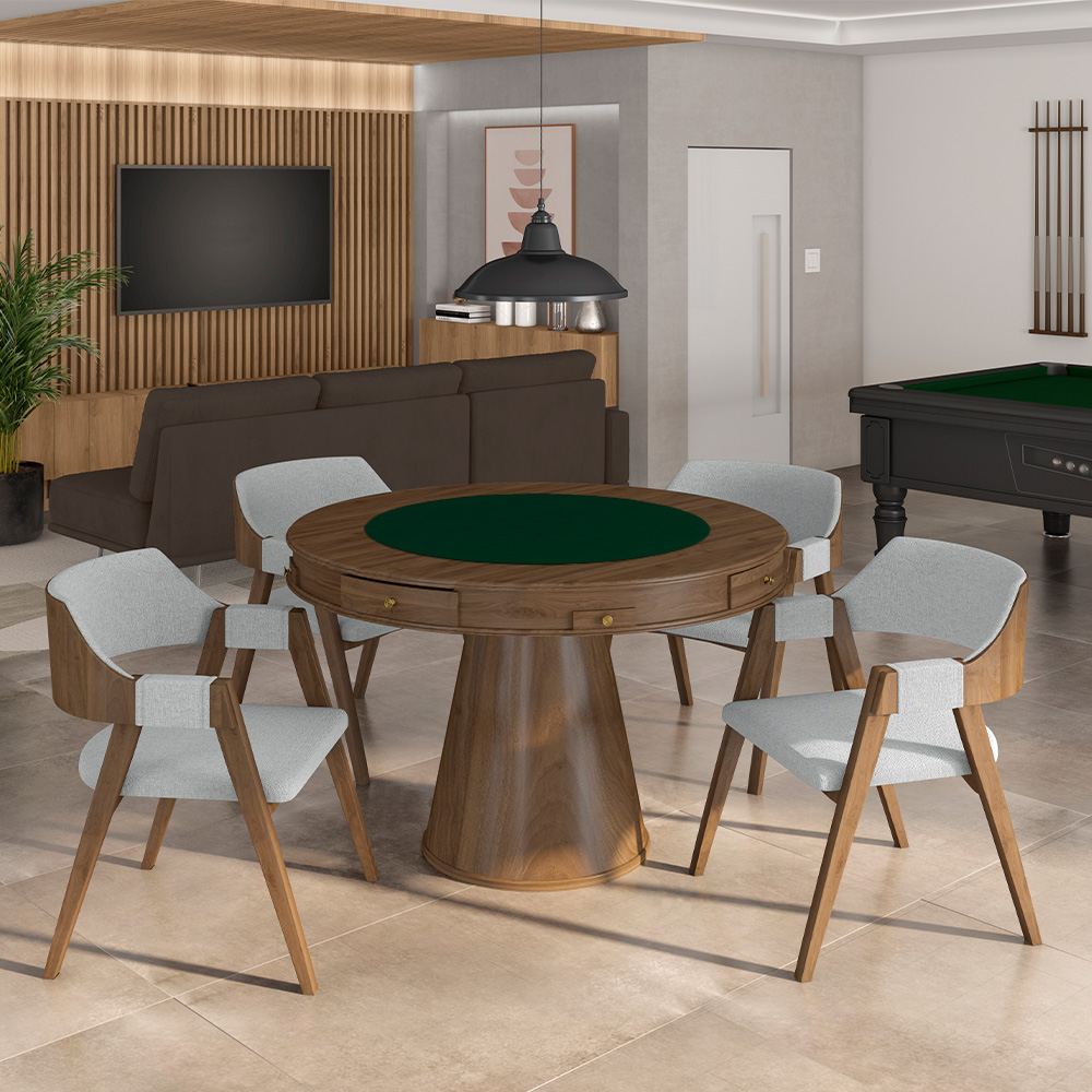 Kit 3 Cadeiras Sala de Jantar e Jogos Carteados Madeira Maciça Poker Linho Cinza/Nogueira G42 - Gran Belo