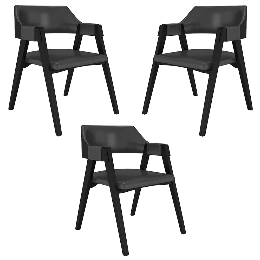 Kit 3 Cadeiras Sala de Jantar e Jogos Carteados Madeira Maciça Poker PU Grafite/Preto G42 - Gran Belo