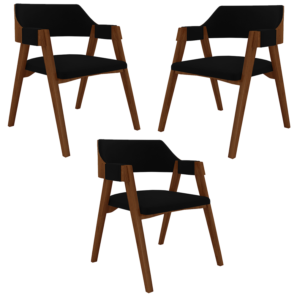 Kit 3 Cadeiras Sala de Jantar e Jogos Carteados Madeira Maciça Poker Veludo Preto/Imbuia G42 - Gran Belo