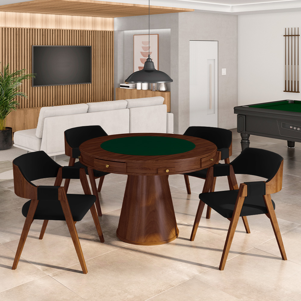Kit 3 Cadeiras Sala de Jantar e Jogos Carteados Madeira Maciça Poker Veludo Preto/Imbuia G42 - Gran Belo