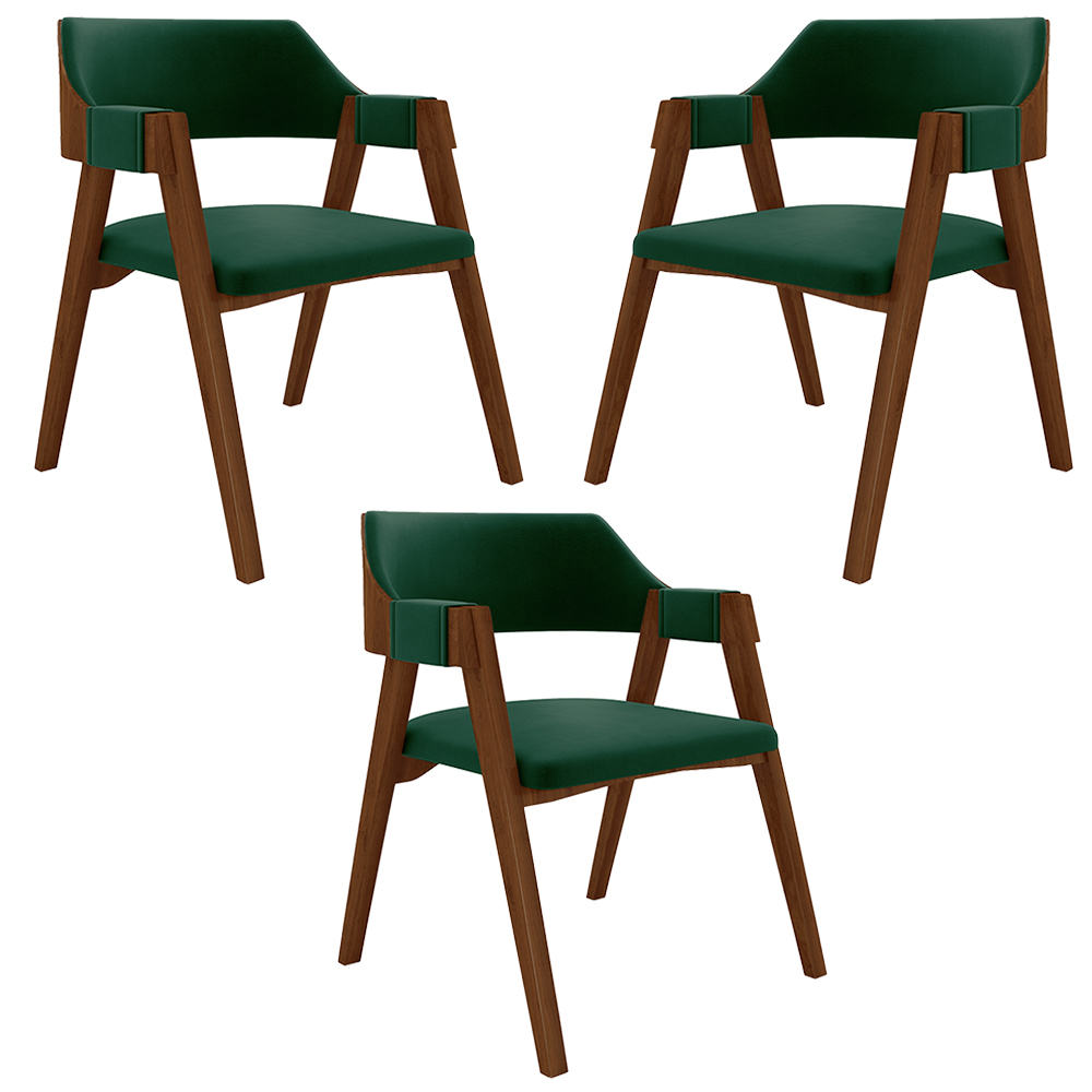 Kit 3 Cadeiras Sala de Jantar e Jogos Carteados Madeira Maciça Poker Veludo Verde/Imbuia G42 - Gran Belo