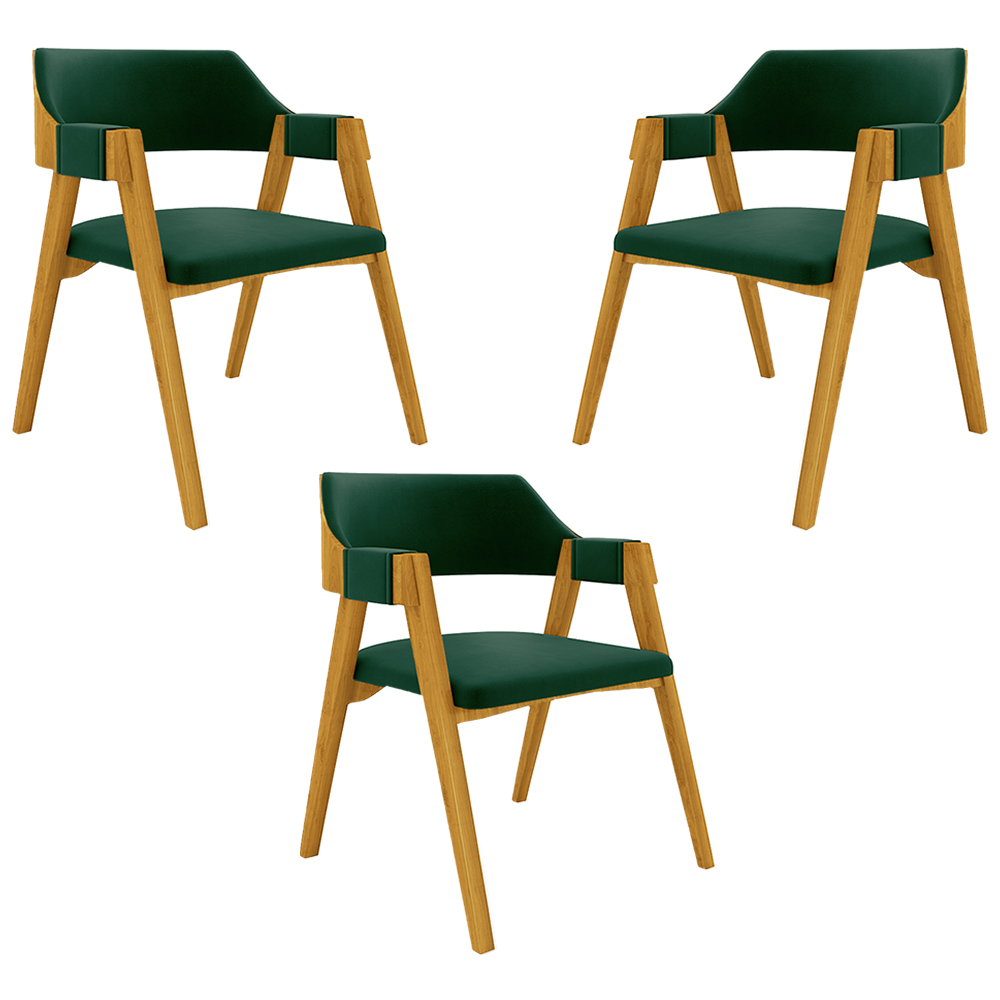 Kit 3 Cadeiras Sala de Jantar e Jogos Carteados Madeira Maciça Poker Veludo Verde/Mel G42 - Gran Belo