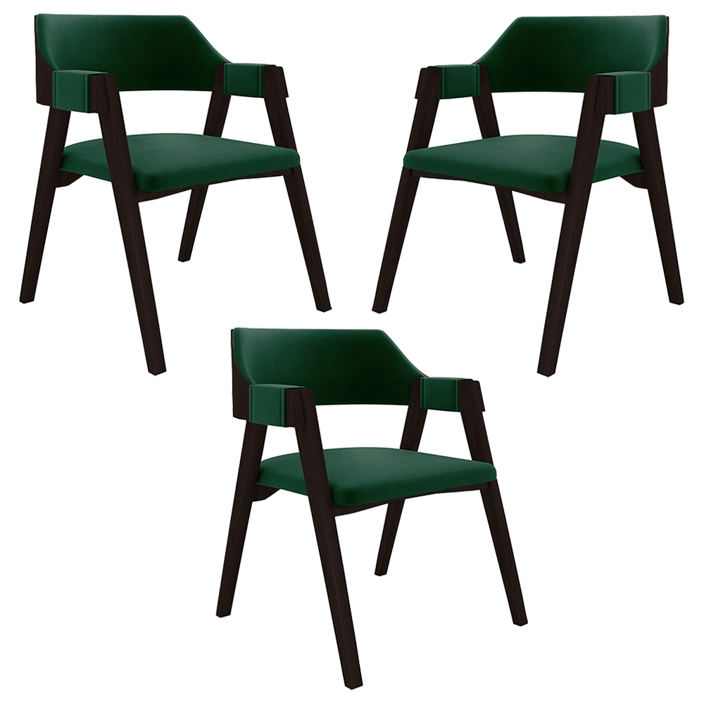 Kit 3 Cadeiras Sala de Jantar e Jogos Carteados Madeira Maciça Poker Veludo Verde/Tabaco G42 - Gran Belo