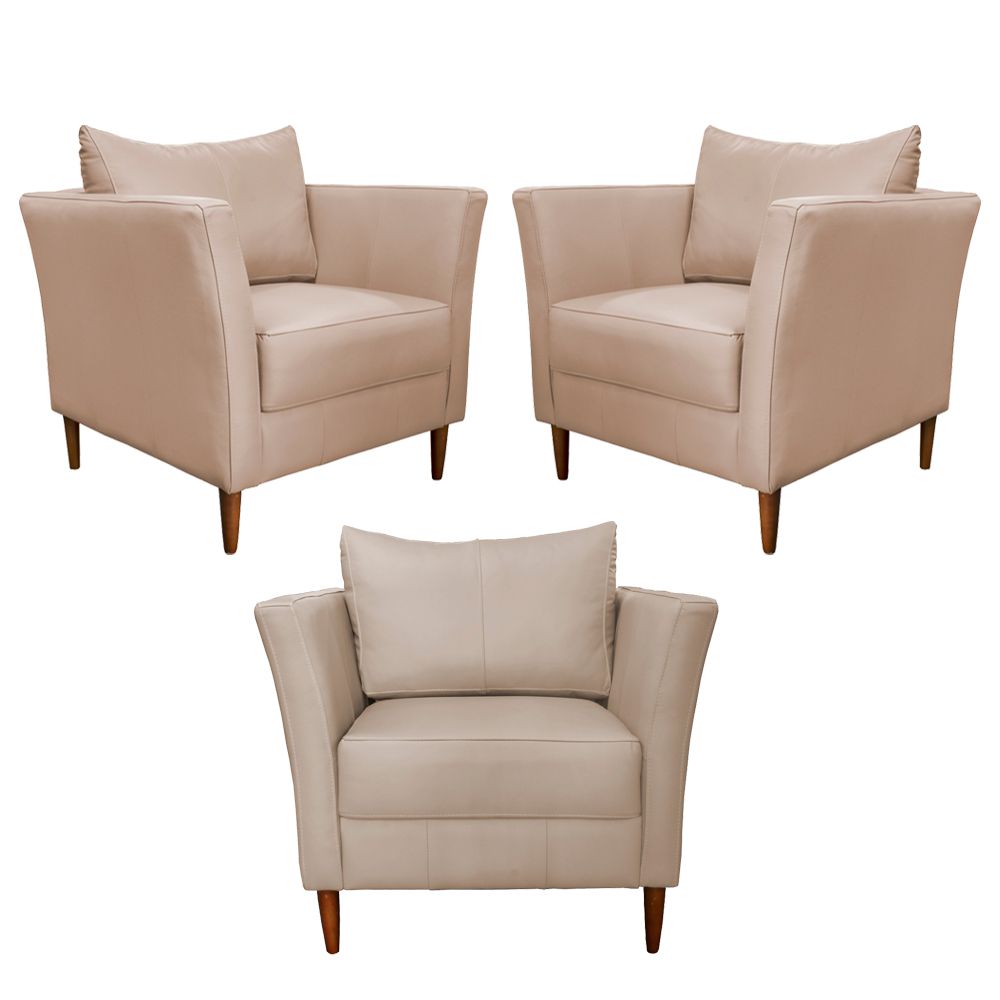 Kit 3 Poltronas Decorativa Sala de Estar Pés Palito Lubbock Couro Bege G58 - Gran Belo