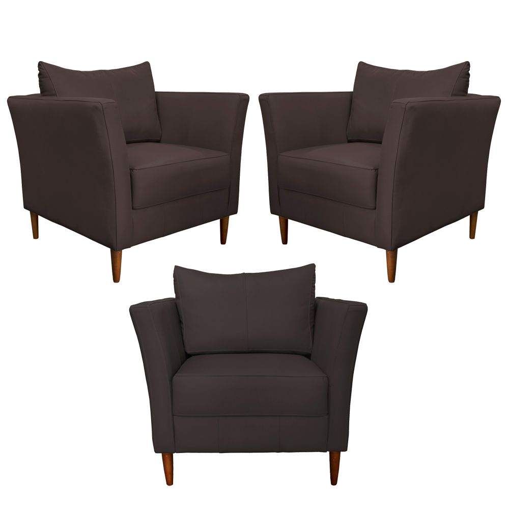 Kit 3 Poltronas Decorativa Sala de Estar Pés Palito Lubbock Couro Marrom G58 - Gran Belo