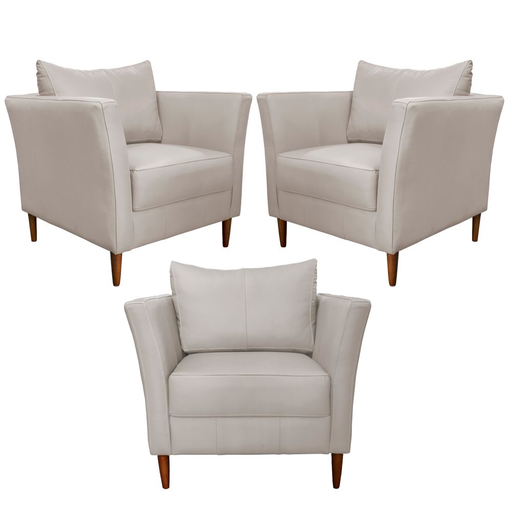 Kit 3 Poltronas Decorativa Sala de Estar Pés Palito Lubbock Couro Off White G58 - Gran Belo