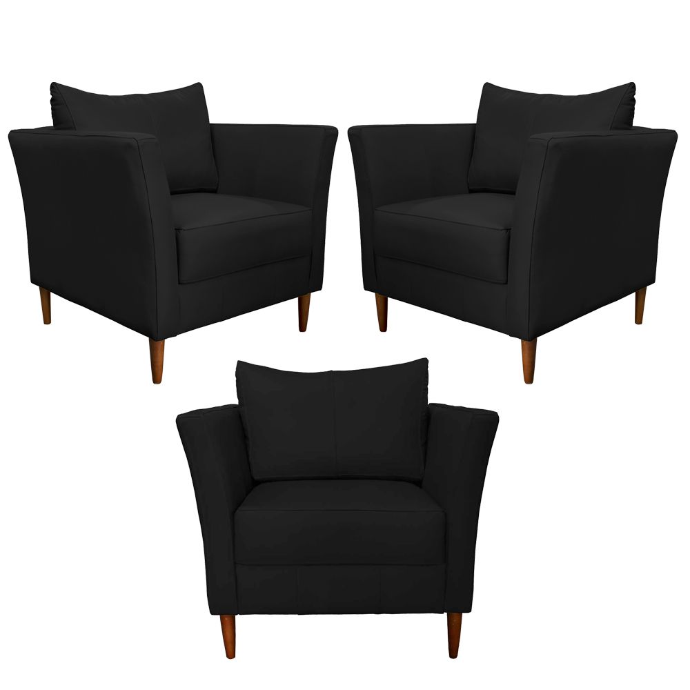 Kit 3 Poltronas Decorativa Sala de Estar Pés Palito Lubbock Couro Preto G58 - Gran Belo