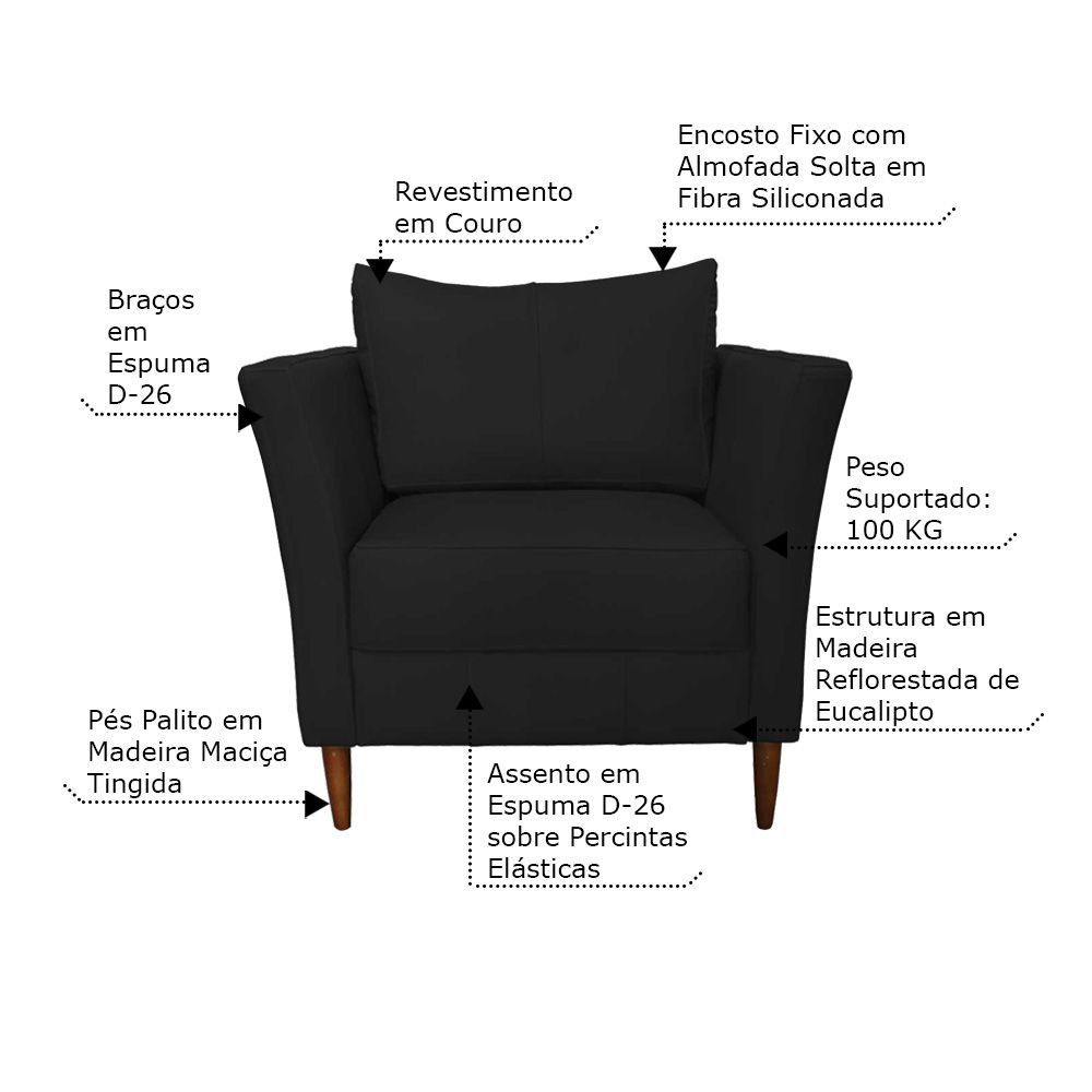 Kit 3 Poltronas Decorativa Sala de Estar Pés Palito Lubbock Couro Preto G58 - Gran Belo