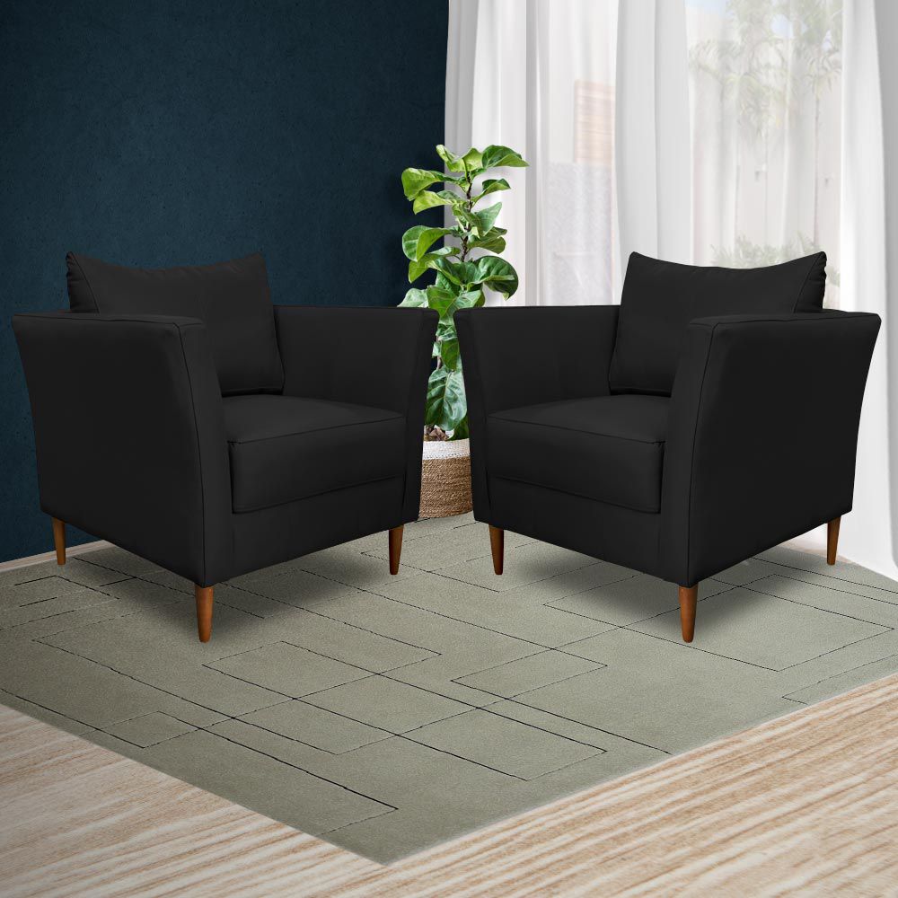Kit 3 Poltronas Decorativa Sala de Estar Pés Palito Lubbock Couro Preto G58 - Gran Belo