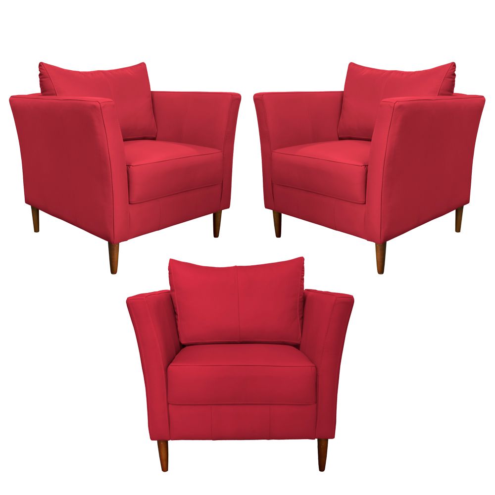 Kit 3 Poltronas Decorativa Sala de Estar Pés Palito Lubbock Couro Vermelho G58 - Gran Belo