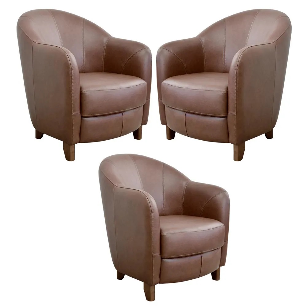 Kit 3 Poltronas Decorativas Sala de Estar Pés Madeira Kairós Couro Caramelo G03 - Gran Belo