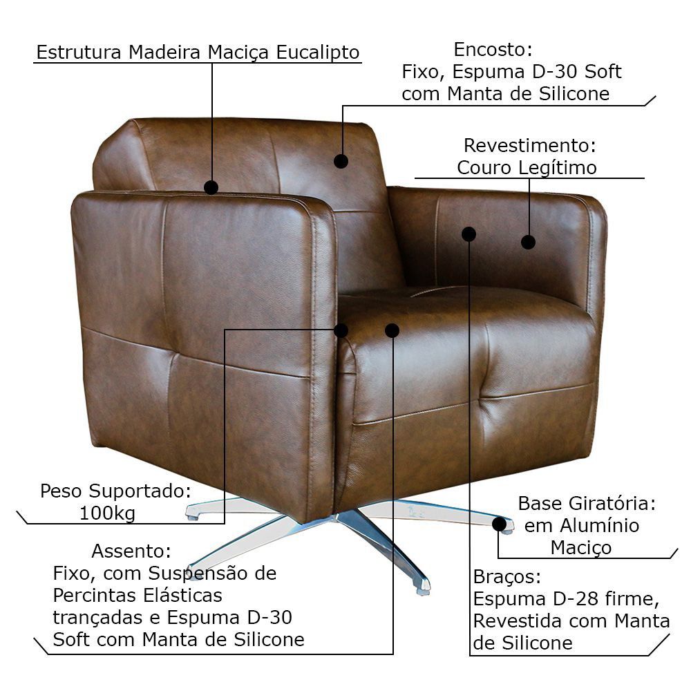 Kit 3 Poltronas Giratória para Sala de Estar Astana Couro Marrom Bicolor - Gran Belo 