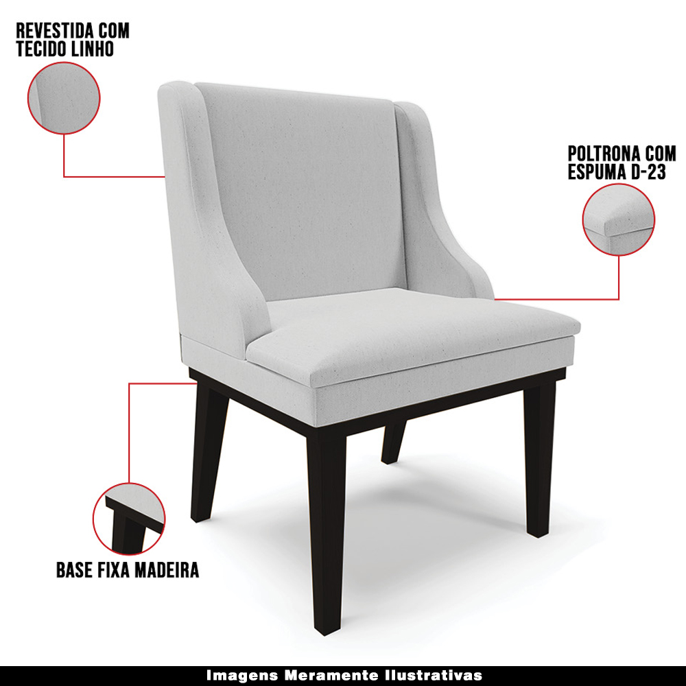 Kit 4 Cadeiras Decorativas Sala de Jantar Base Fixa de Madeira Firenze Linho Cinza/Preto G19 - Gran Belo
