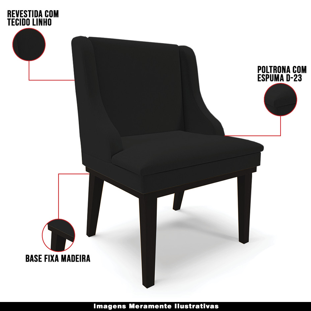 Kit 4 Cadeiras Decorativas Sala de Jantar Base Fixa de Madeira Firenze Linho Preto G19 - Gran Belo