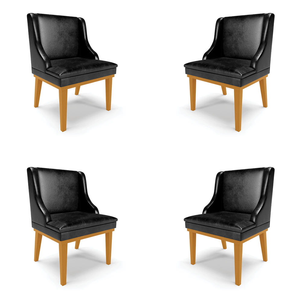 Kit 4 Cadeiras Decorativas Sala de Jantar Base Fixa de Madeira Firenze PU Preto Brilho/Castanho G19 - Gran Belo