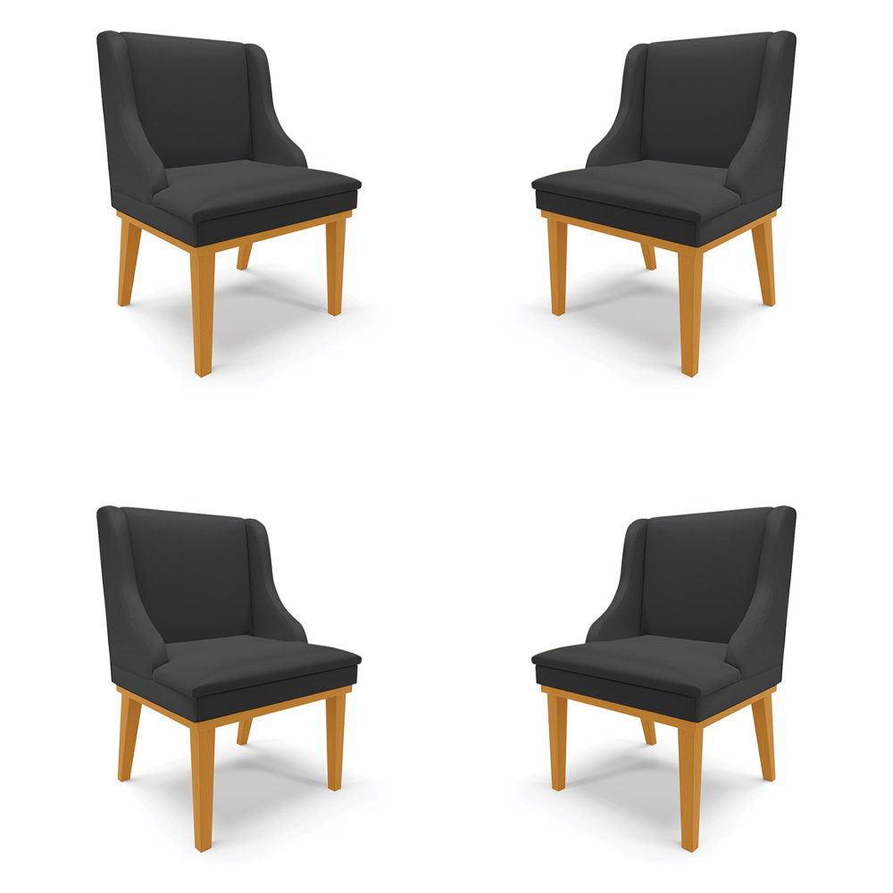 Kit 4 Cadeiras Decorativas Sala de Jantar Base Fixa de Madeira Firenze PU Preto Fosco/Castanho G19 - Gran Belo