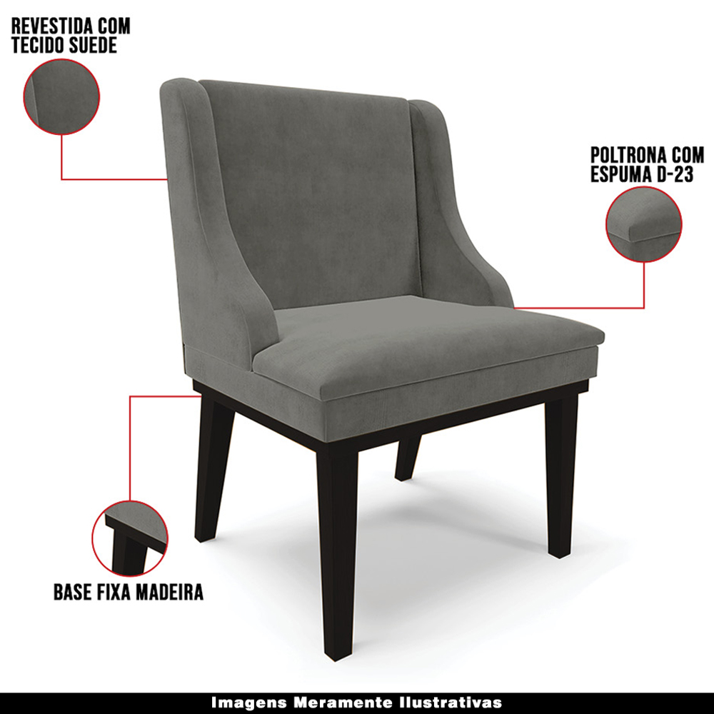 Kit 4 Cadeiras Decorativas Sala de Jantar Base Fixa de Madeira Firenze Suede Grafite/Preto G19 - Gran Belo