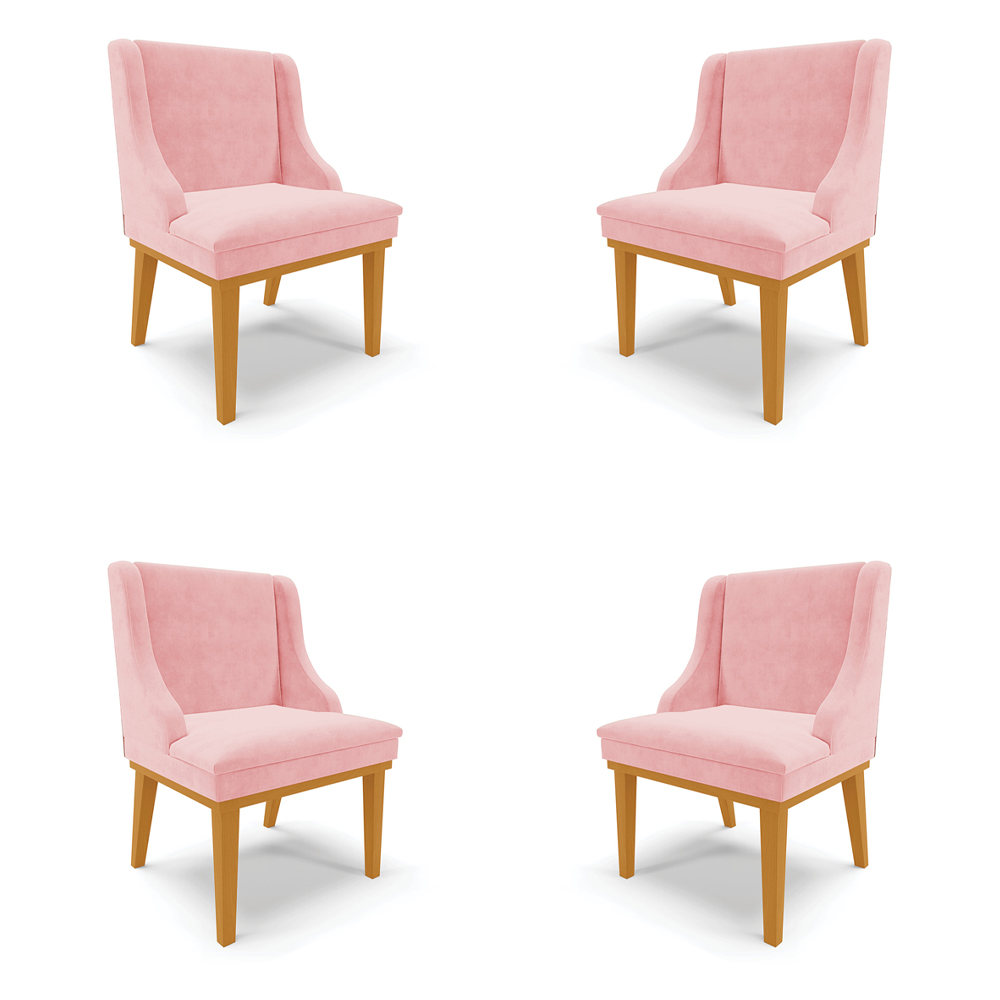 Kit 4 Cadeiras Decorativas Sala de Jantar Base Fixa de Madeira Firenze Suede Rosa Bebê/Castanho G19 - Gran Belo