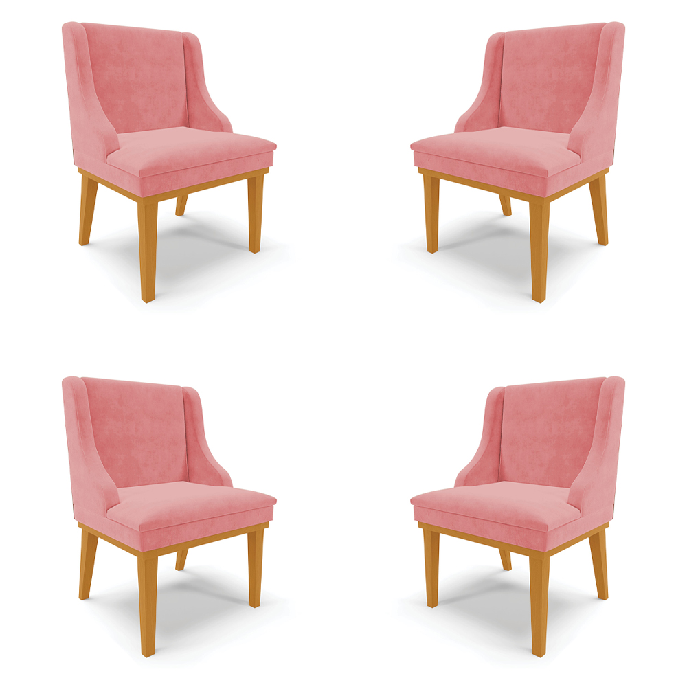 Kit 4 Cadeiras Decorativas Sala de Jantar Base Fixa de Madeira Firenze Suede Rose/Castanho G19 - Gran Belo