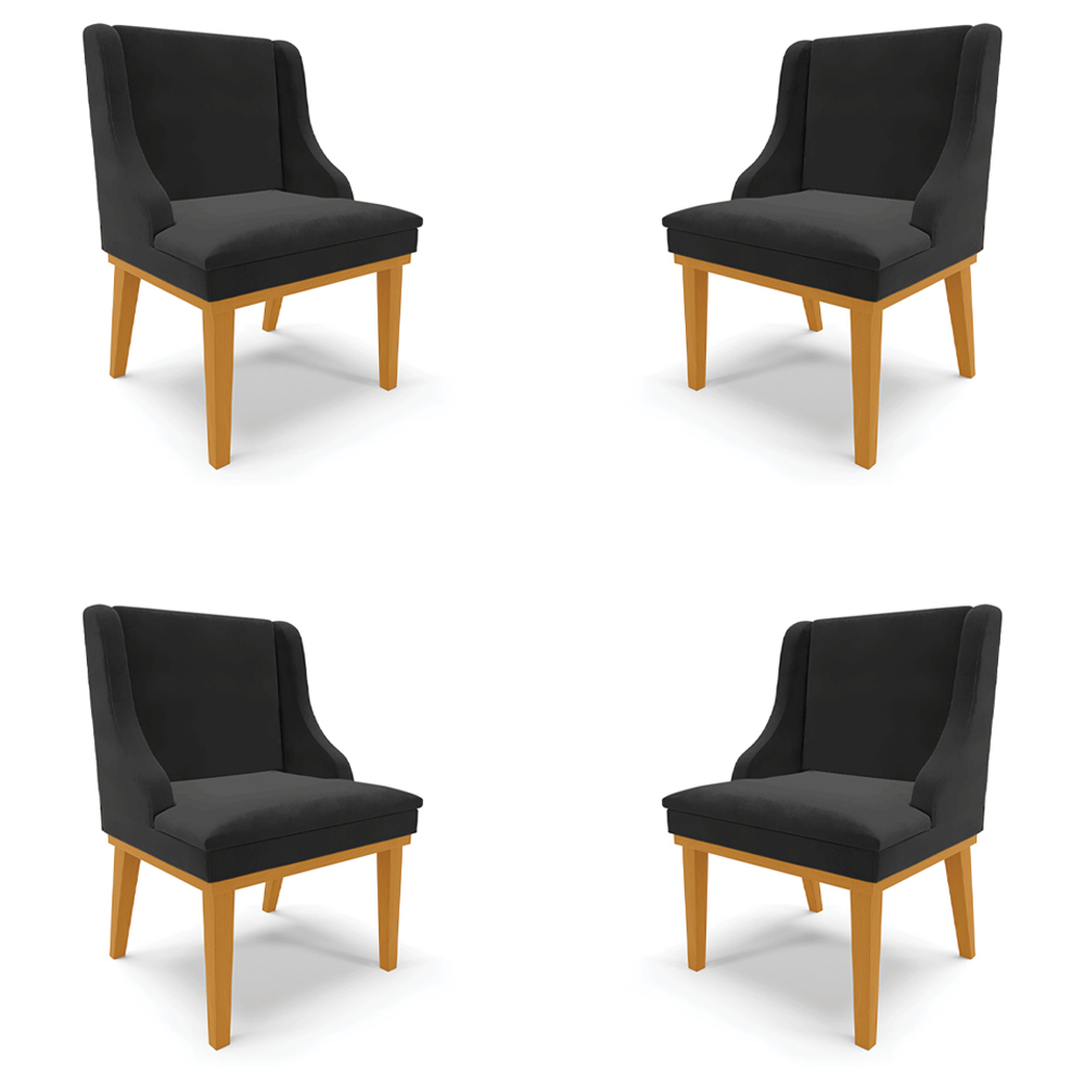 Kit 4 Cadeiras Decorativas Sala de Jantar Base Fixa de Madeira Firenze Veludo Preto/Castanho G19 - Gran Belo