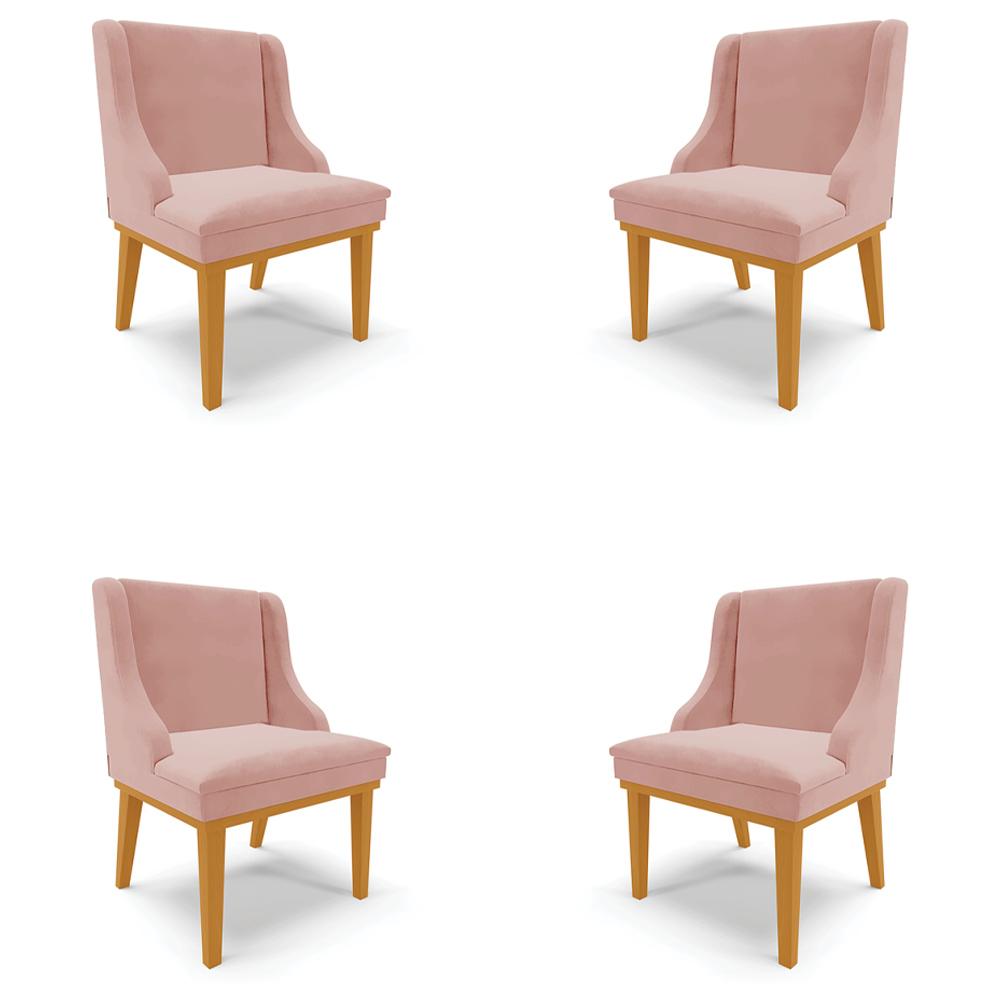 Kit 4 Cadeiras Decorativas Sala de Jantar Base Fixa de Madeira Firenze Veludo Rose/Castanho G19 - Gran Belo