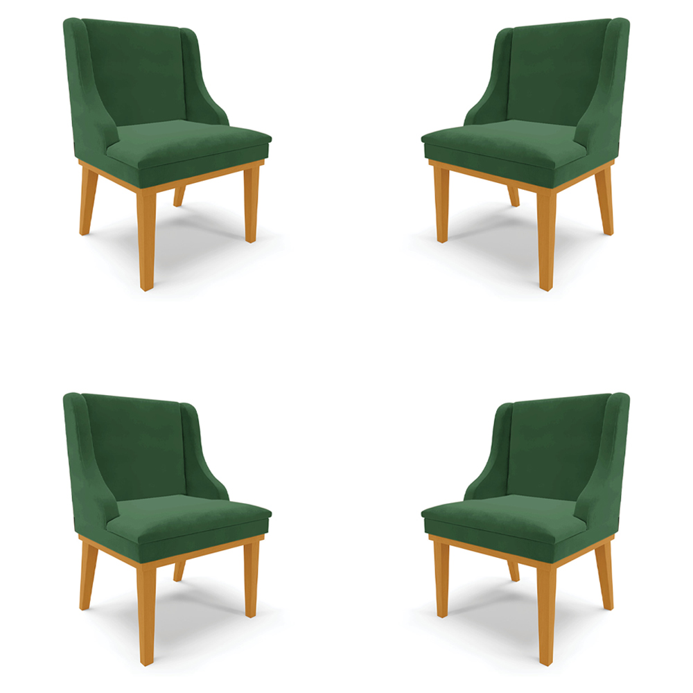 Kit 4 Cadeiras Decorativas Sala de Jantar Base Fixa de Madeira Firenze Veludo Verde Esmeralda/Castanho G19 - Gran Belo