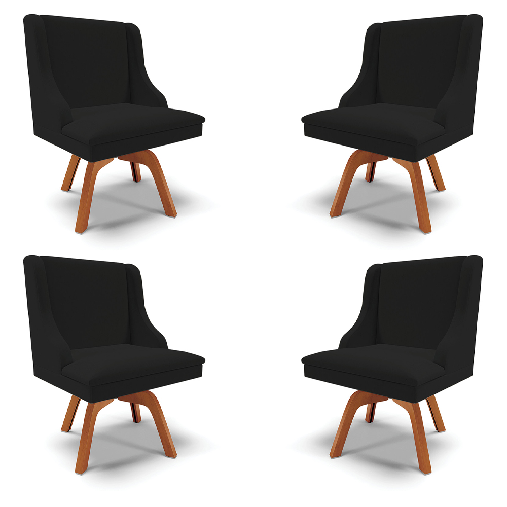 Kit 4 Cadeiras Decorativas Sala de Jantar Base Giratória de Madeira Firenze Linho Preto/Natural G19 - Gran Belo