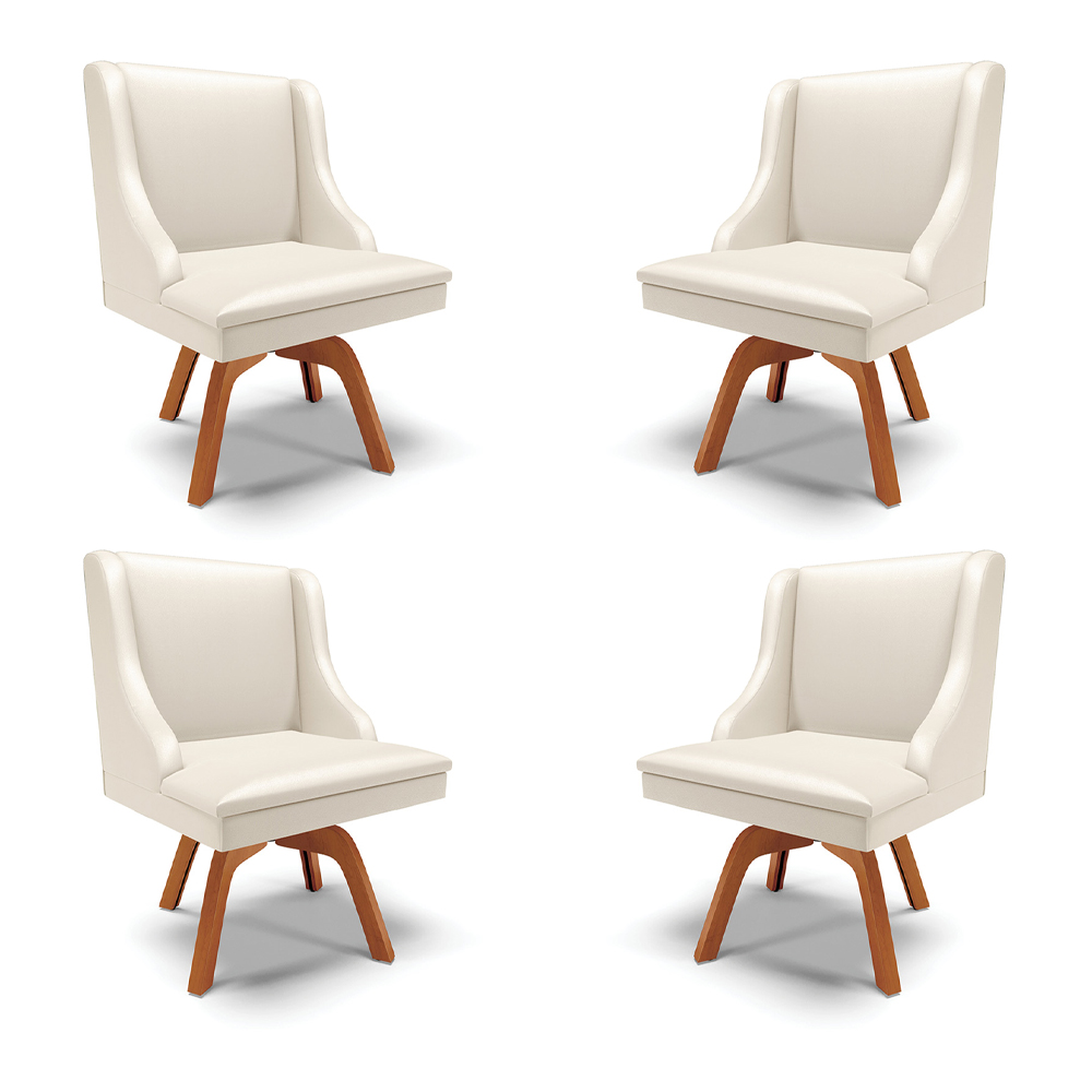 Kit 4 Cadeiras Decorativas Sala de Jantar Base Giratória de Madeira Firenze PU Bege/Natural G19 - Gran Belo