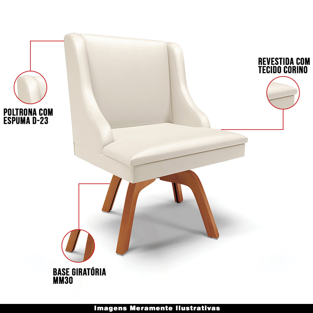 Kit 4 Cadeiras Decorativas Sala de Jantar Base Giratória de Madeira Firenze PU Bege/Natural G19 - Gran Belo