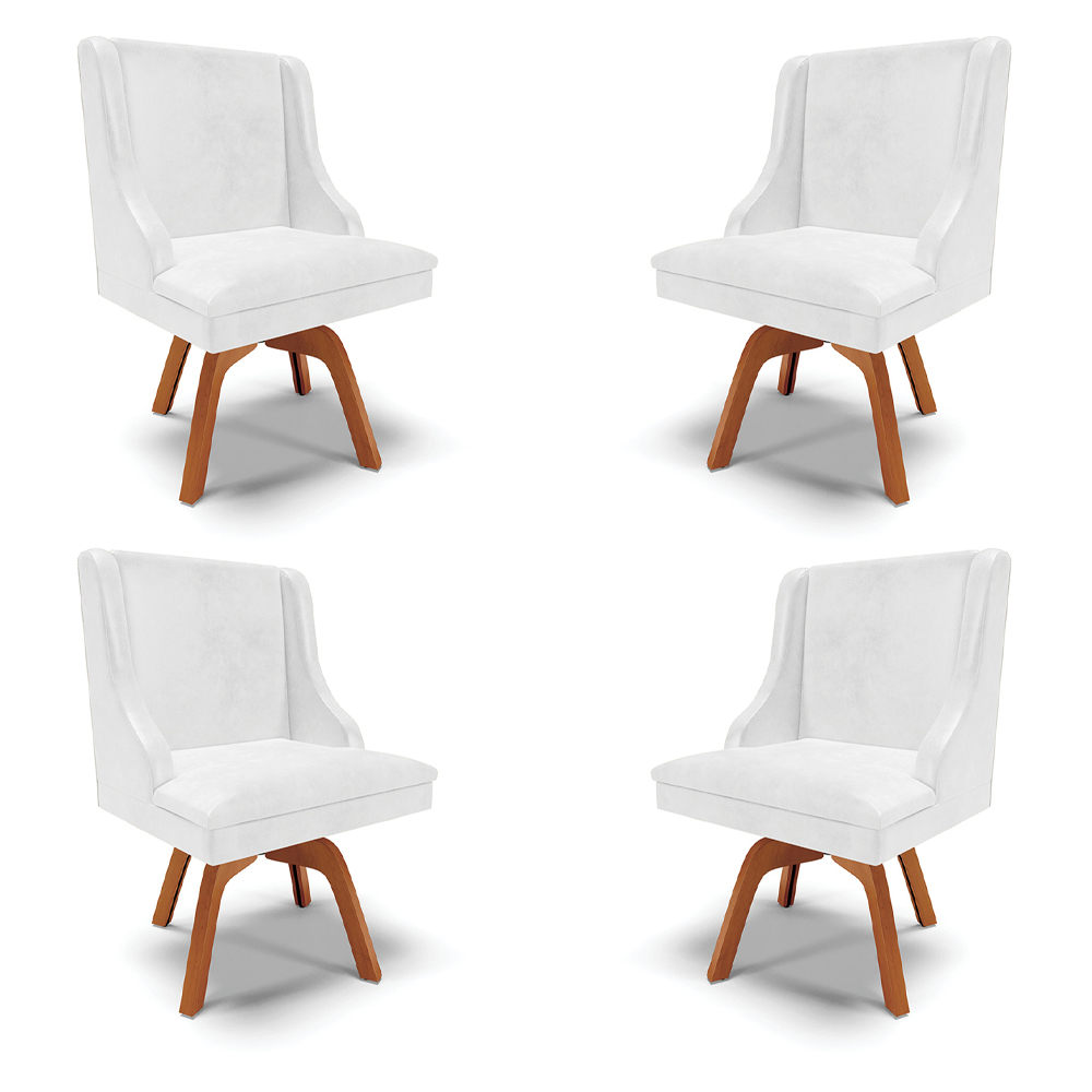 Kit 4 Cadeiras Decorativas Sala de Jantar Base Giratória de Madeira Firenze PU Branco Brilho/Natural G19 - Gran Belo