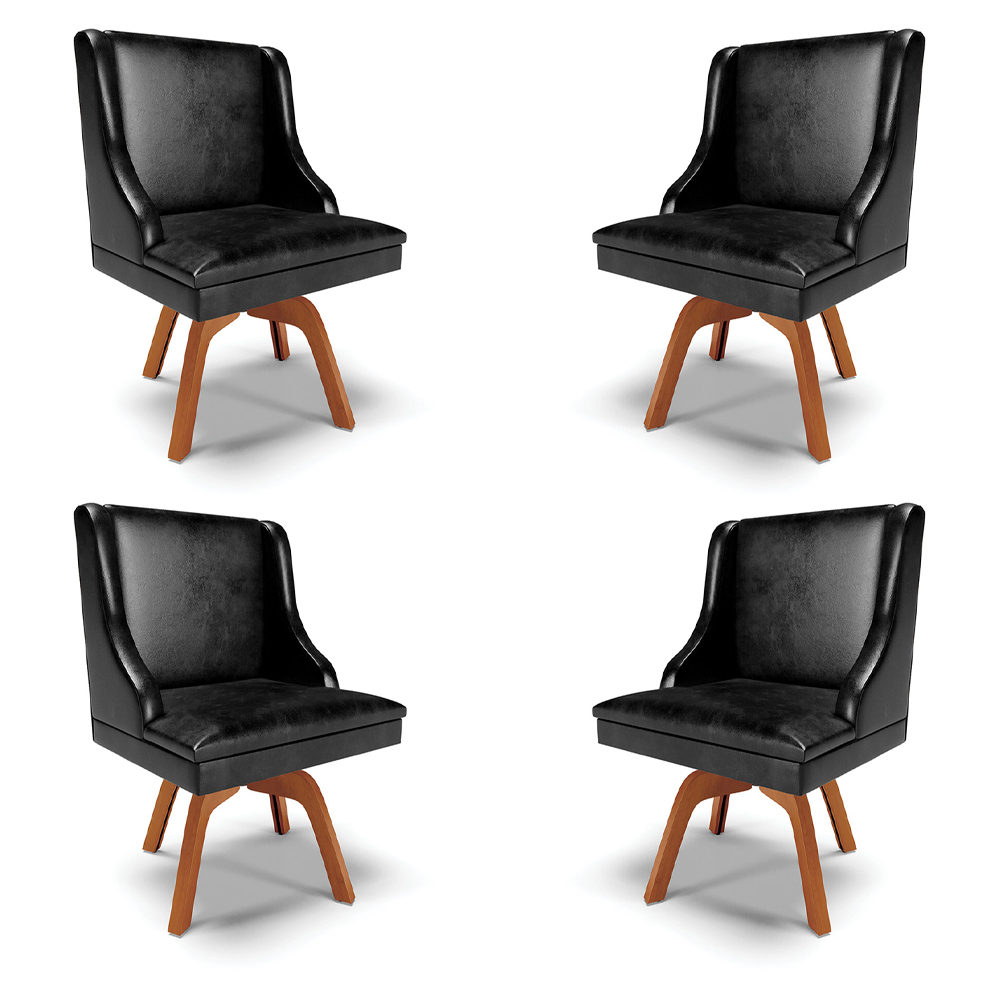 Kit 4 Cadeiras Decorativas Sala de Jantar Base Giratória de Madeira Firenze PU Preto Brilho/Natural G19 - Gran Belo