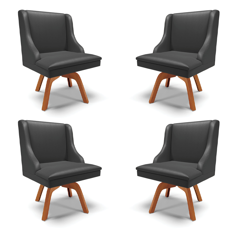 Kit 4 Cadeiras Decorativas Sala de Jantar Base Giratória de Madeira Firenze PU Preto Fosco/Natural G19 - Gran Belo