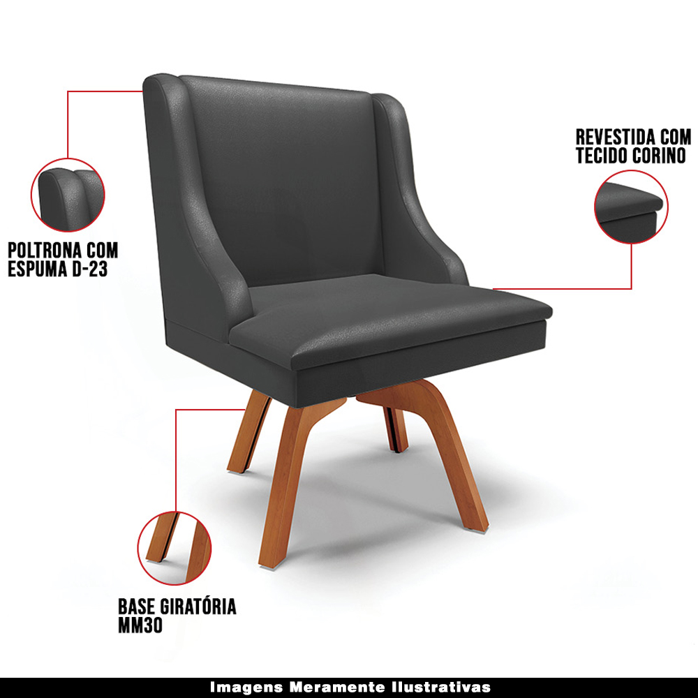 Kit 4 Cadeiras Decorativas Sala de Jantar Base Giratória de Madeira Firenze PU Preto Fosco/Natural G19 - Gran Belo