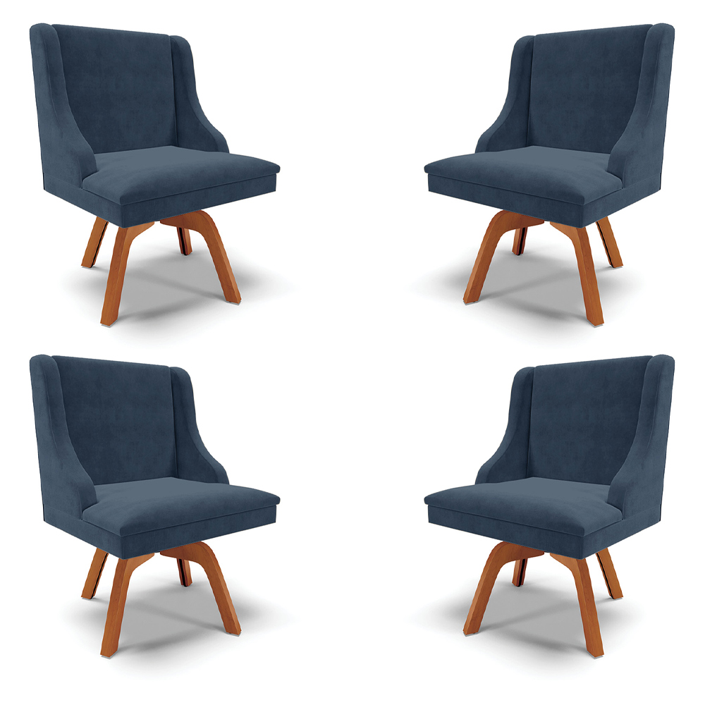Kit 4 Cadeiras Decorativas Sala de Jantar Base Giratória de Madeira Firenze Suede Azul Marinho/Natural G19 - Gran Belo