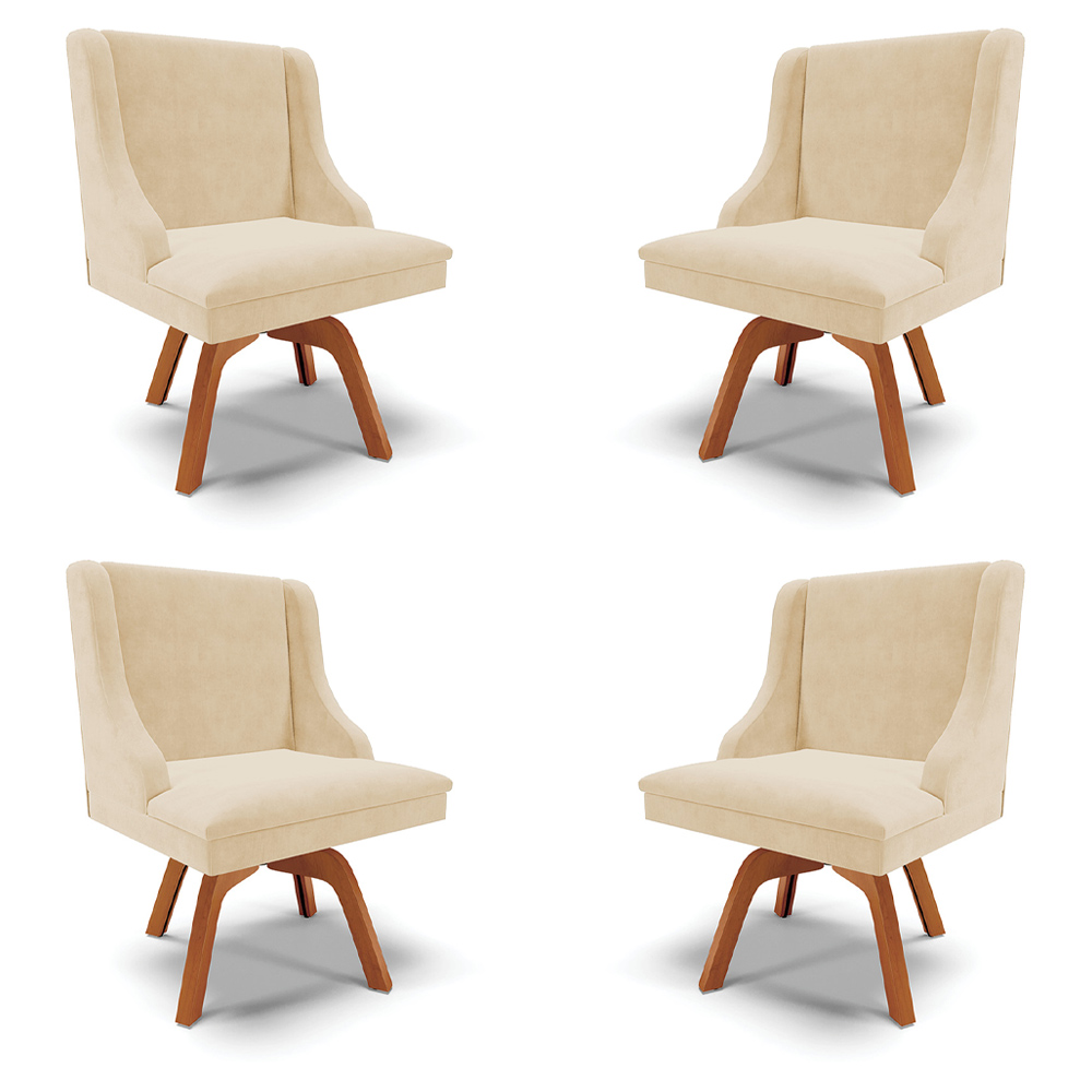 Kit 4 Cadeiras Decorativas Sala de Jantar Base Giratória de Madeira Firenze Suede Bege/Natural G19 - Gran Belo