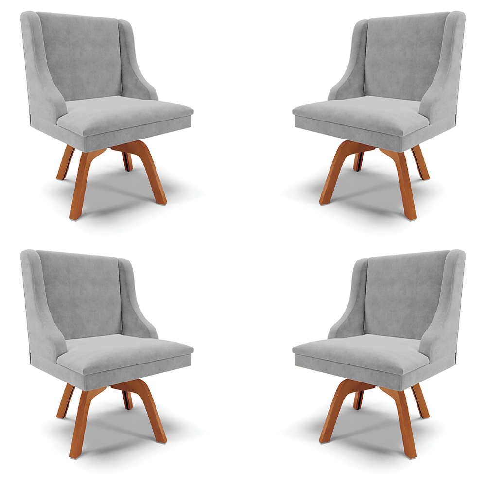 Kit 4 Cadeiras Decorativas Sala de Jantar Base Giratória de Madeira Firenze Suede Cinza/Natural G19 - Gran Belo