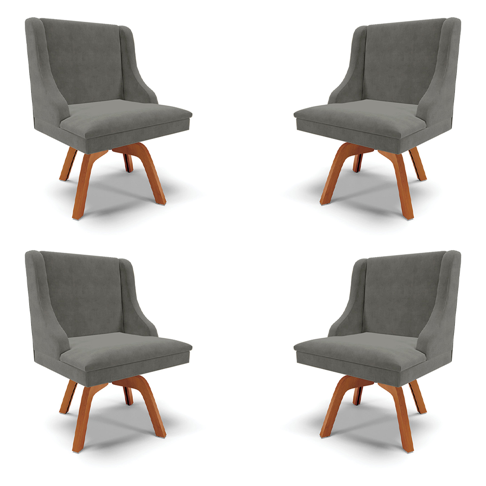 Kit 4 Cadeiras Decorativas Sala de Jantar Base Giratória de Madeira Firenze Suede Grafite/Natural G19 - Gran Belo