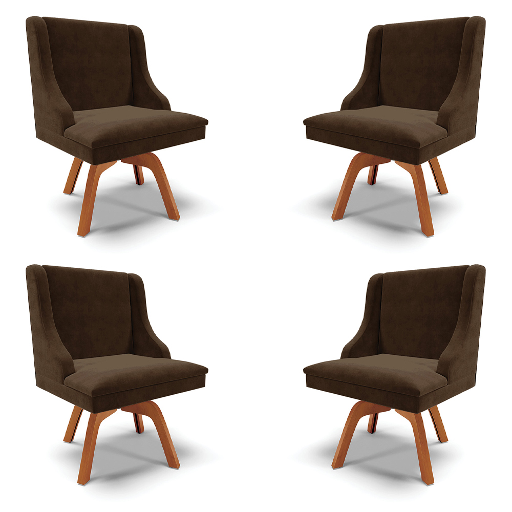 Kit 4 Cadeiras Decorativas Sala de Jantar Base Giratória de Madeira Firenze Suede Marrom/Natural G19 - Gran Belo